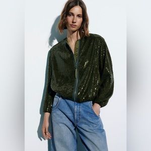 NWT Zara Green Sequin Bomber Jacket Size SMALL